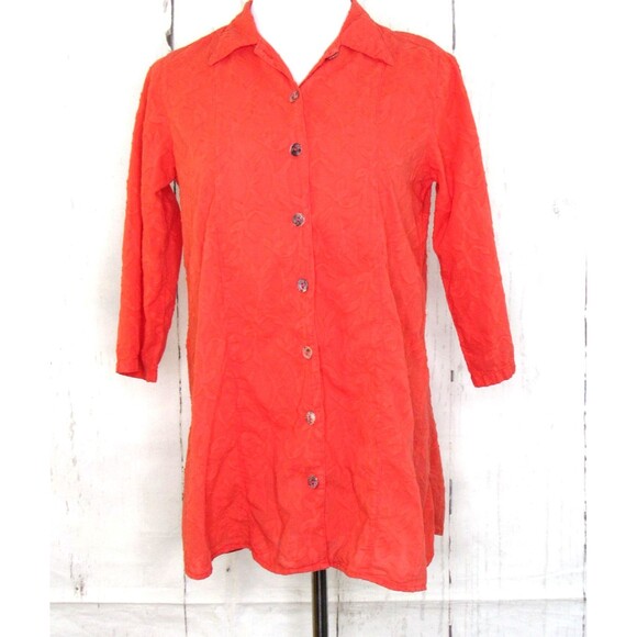 CMC Color Me Cotton Tops - CMC Color Me Cotton Button Up Blouse 3/4 Sleeve Orange Textured Leaf Size S